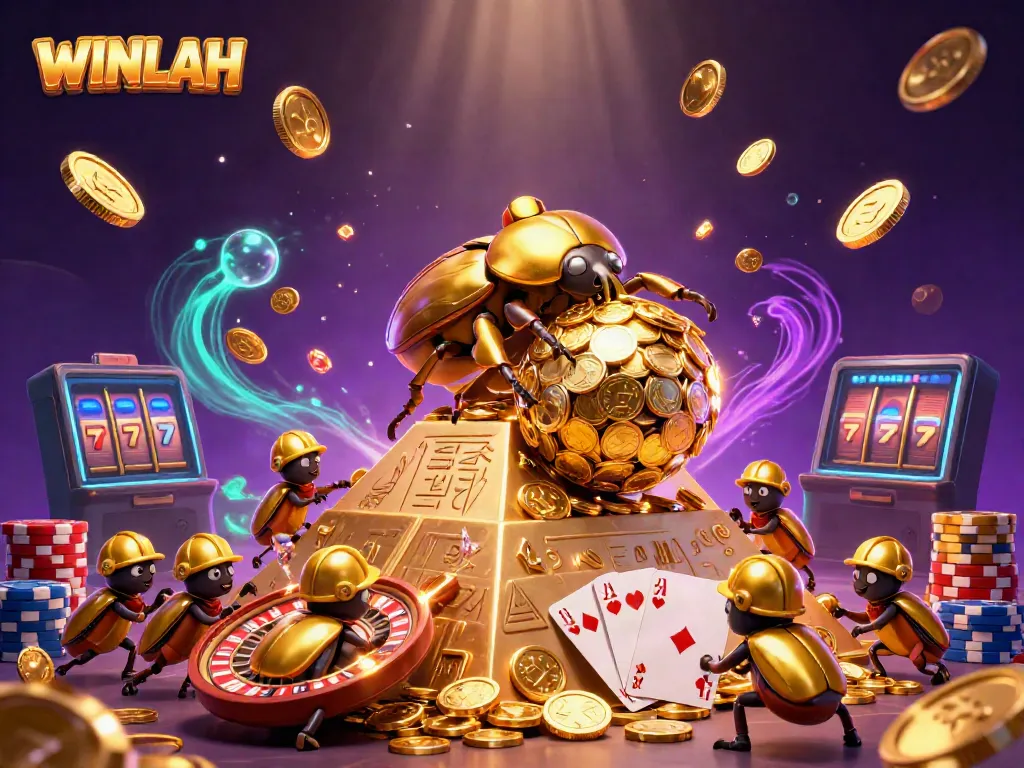 WINLAH casino illustration showcasing massive golden beetles interacting with gaming elements.