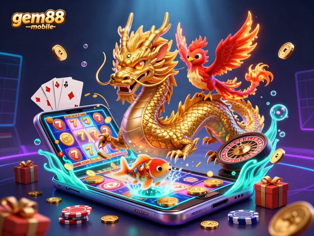 Experience the excitement of gem88-mobile with a majestic dragon, phoenix, and koi fish amidst vibrant slot game elements.