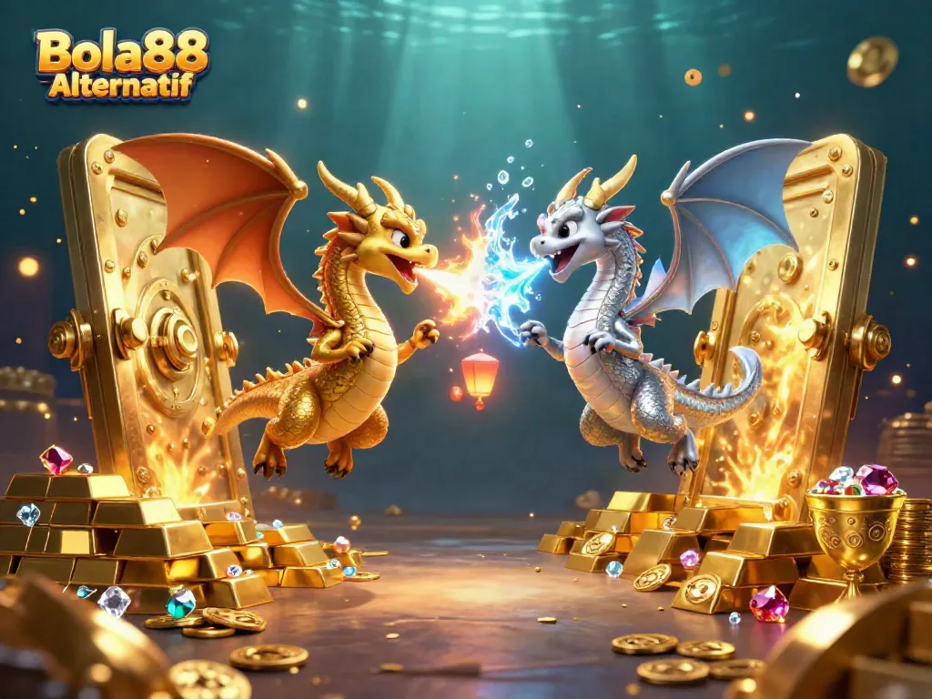 Experience the thrill of Bola88 Alternatif with captivating dragons and treasure in a stunning 3D scene.