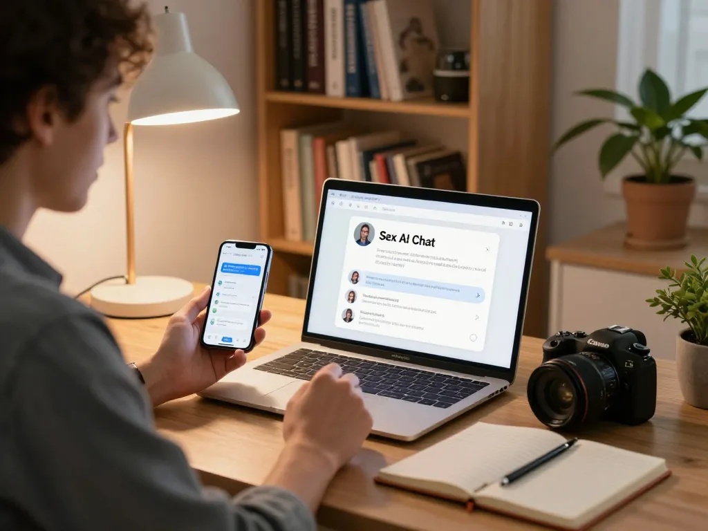 Engaging in a sex AI chat on a laptop in a cozy home office setting.