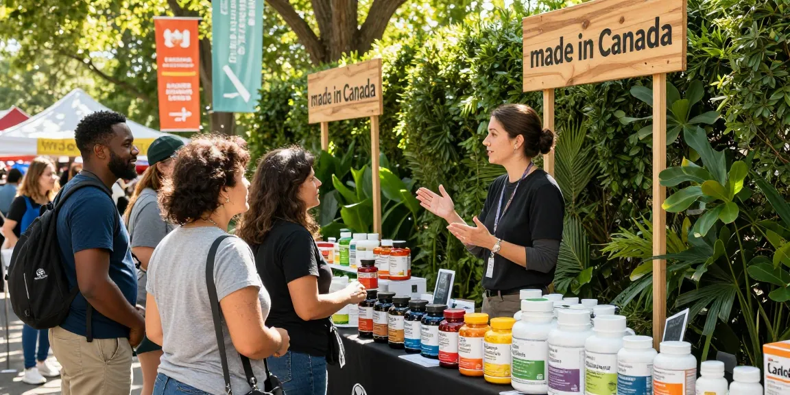 Explore a lively market scene featuring made in Canada supplements with health-conscious shoppers and a knowledgeable vendor.