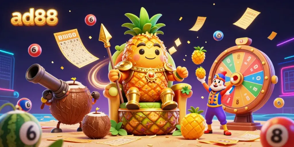 Experience the vibrant gaming world of ad88 with a colorful animated beach casino scene featuring dynamic characters and festive elements.