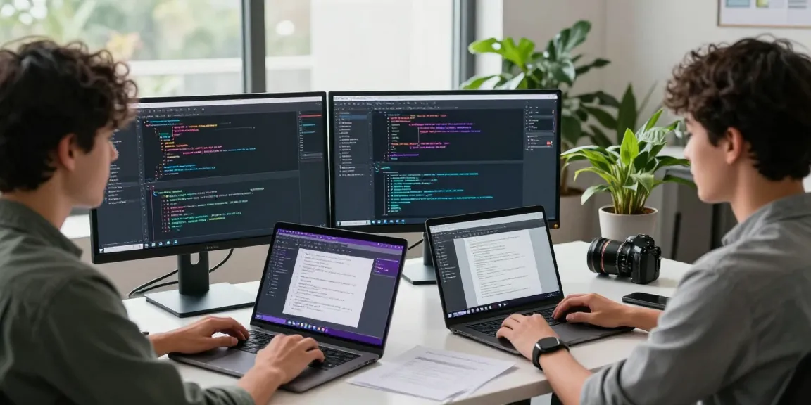 Effizientes Softwareentwicklungsteam mit hitpaw edimakor in modernem Büro, Fokus auf Code- und Design-Darstellungen.