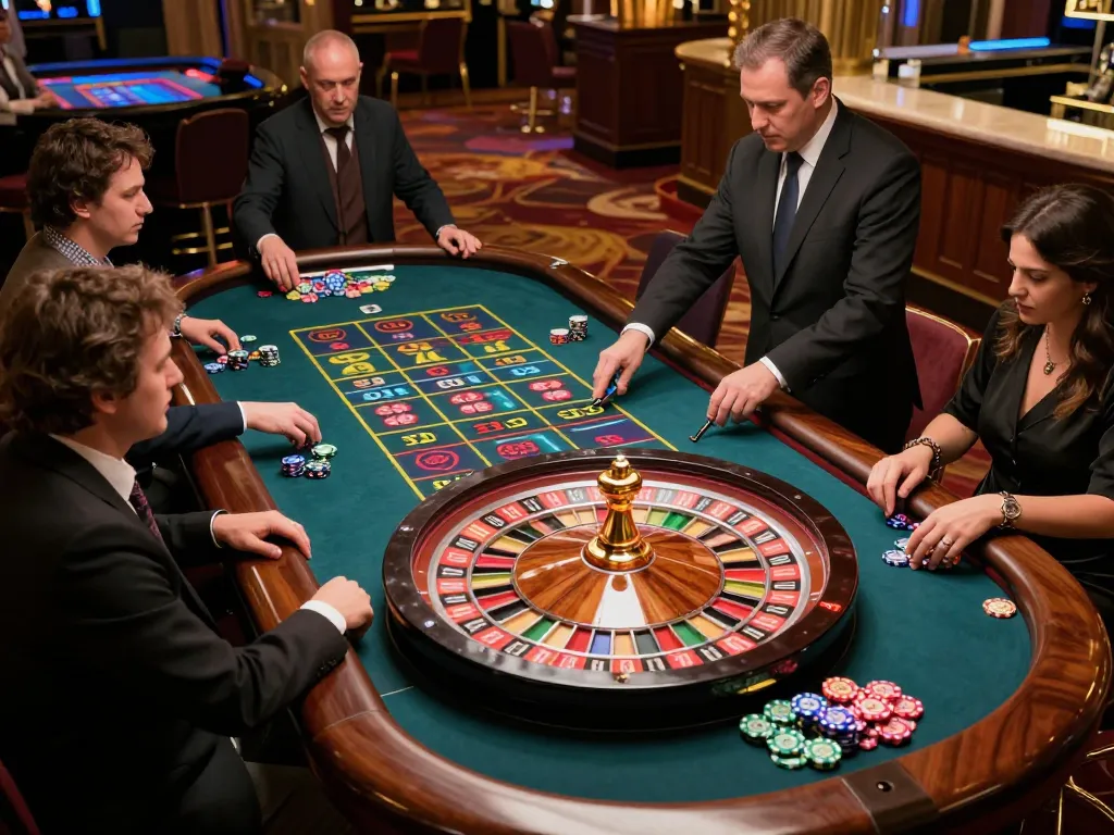 Players at a roulette table enjoying lively nohu gaming, placing bets with vibrant chips in an upscale casino.