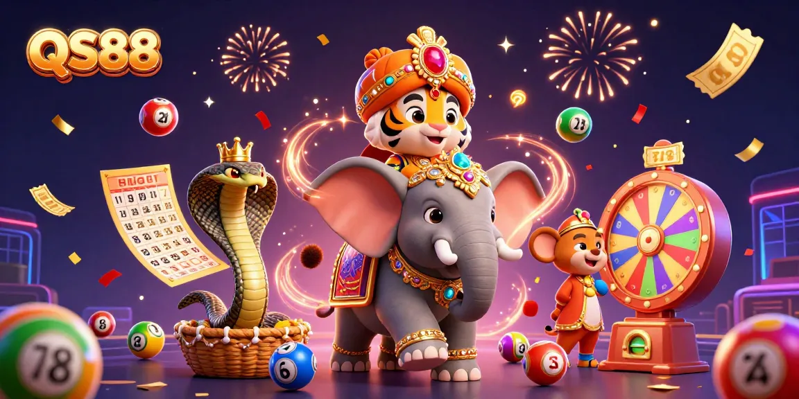 Experience the excitement of QS88 with vibrant lottery elements and a jewel-encrusted elephant in a lively casino scene.
