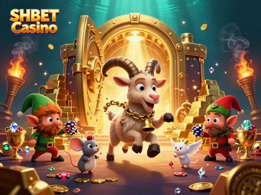 Experience excitement at SHBET Casino with cartoon characters amidst treasures and gambling elements.