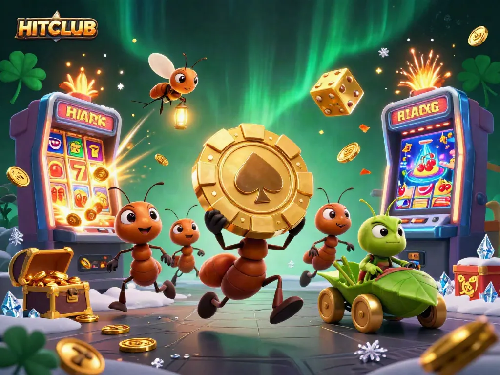 Experience HITCLUB's thrilling online gaming scene with cartoon ants on a heist for fortune.