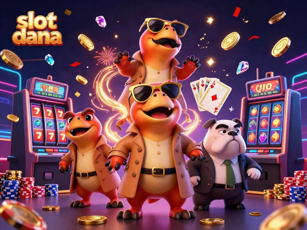 Menghanyutkan slot dana dengan tiga raptor dan singa bulldog, meriah dengan koin emas dan kartu permainan.