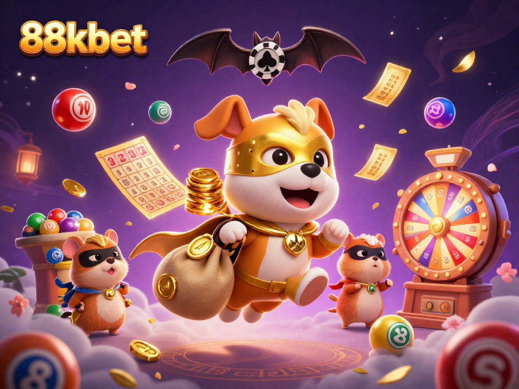 Experience thrilling gaming action with 88kbet as the superhero dog soars through a magical casino landscape.