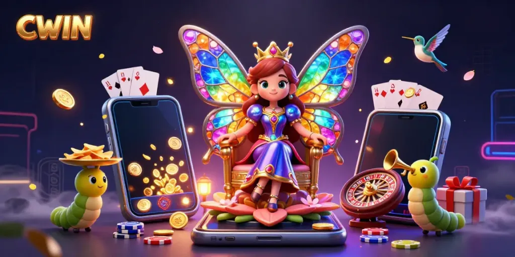 CWIN offers vibrant gaming fun with a butterfly queen surrounded by casino elements and a colorful slot game.