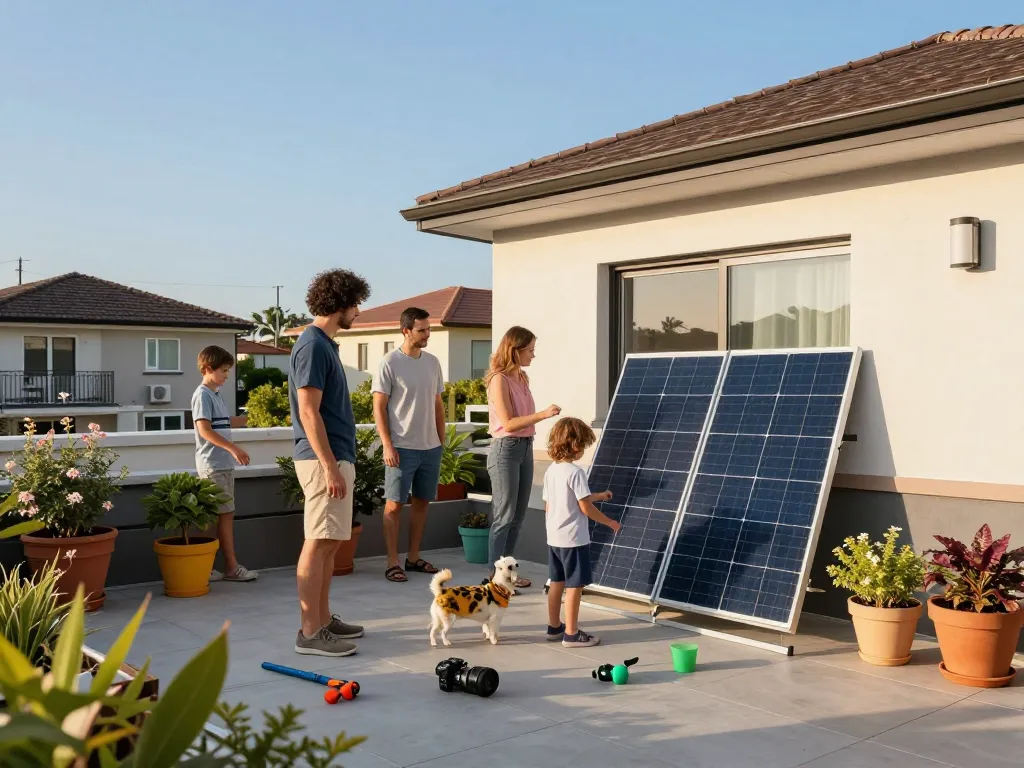Familie in Bayern genießt die Installation von Solarpanelen in ihrem Garten auf dem Dach.