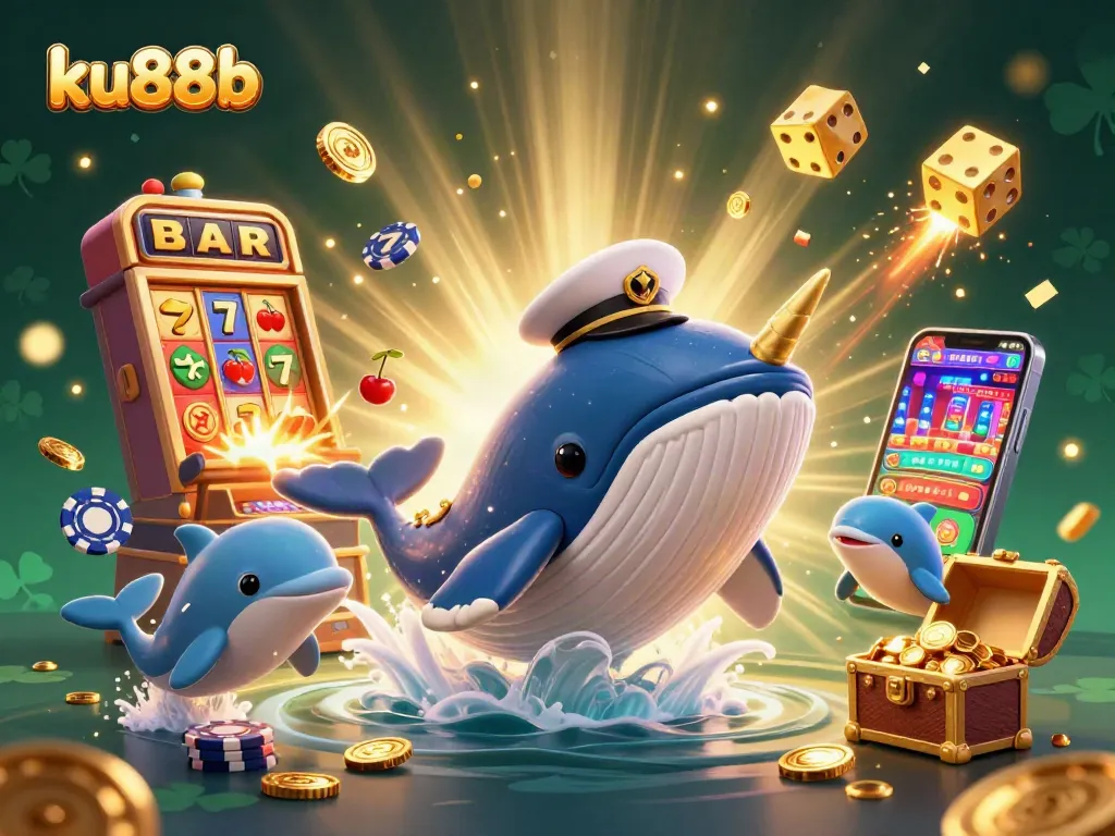 Experience interactive excitement at ku88b with a cartoon whale, narwhal, and dolphins in a vibrant casino scene.