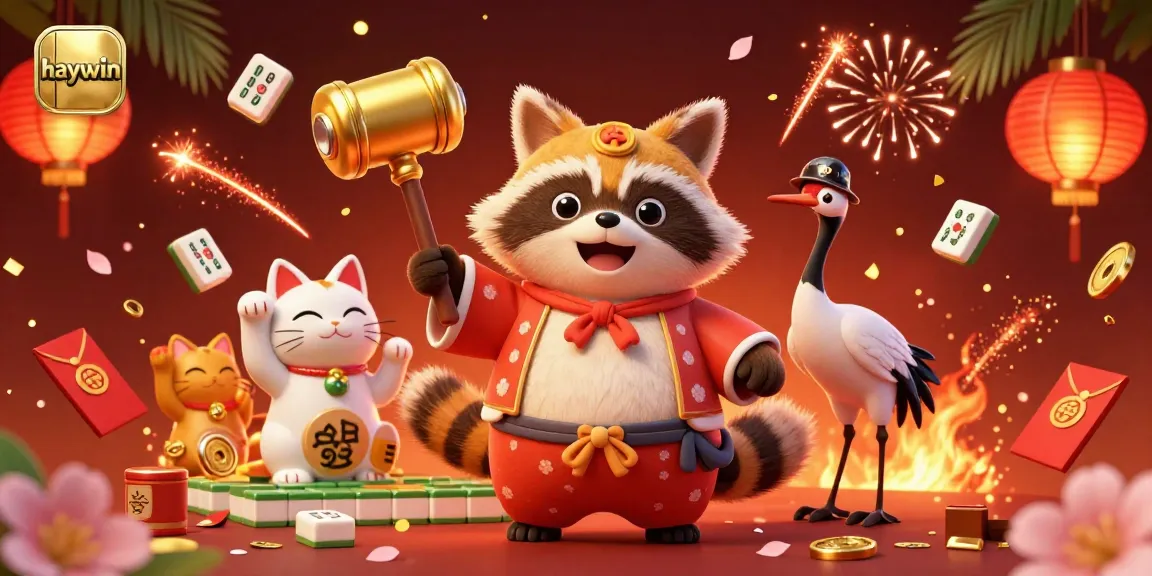 Join the festive fun at haywin with vibrant 3D tanuki, lucky cats, and dynamic casino elements.