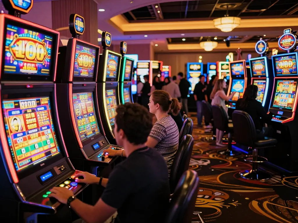 Engaged players celebrating wins at colorful slot machines, highlighting the strategic slot bet 100.