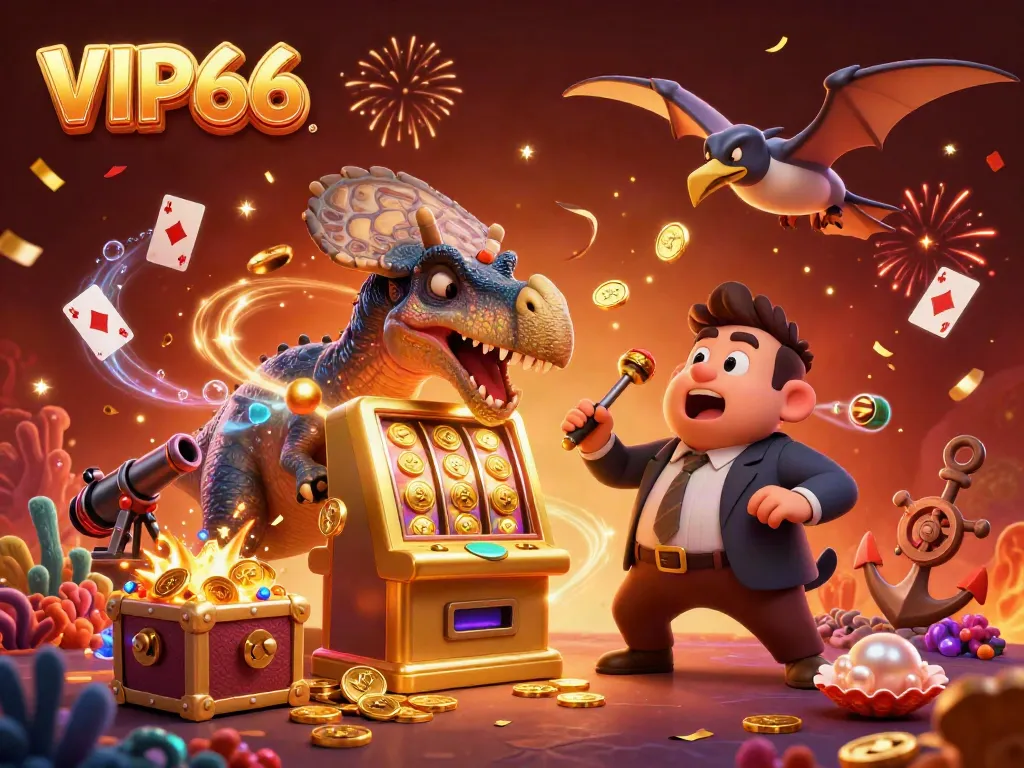 Experience VIP66 with cartoon dinosaurs celebrating jackpot wins at a vibrant casino scene.