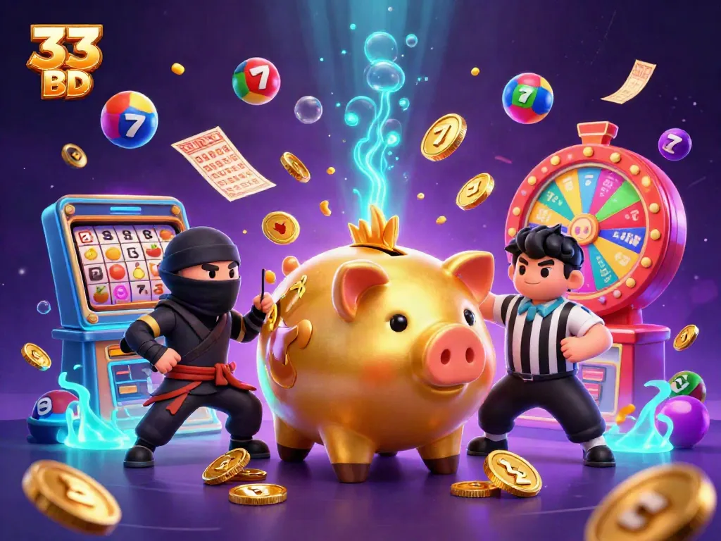 Experience thrilling gaming moments with 33 BD's lively casino illustration featuring animated characters and vibrant gaming elements.