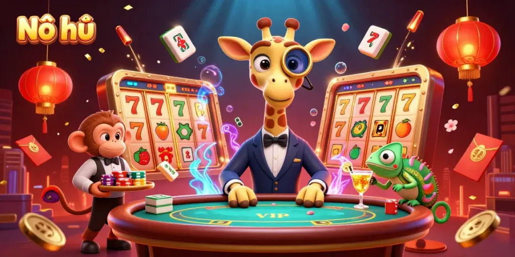 Nổ hũ gameplay scene with vibrant characters celebrating winnings at a casino table