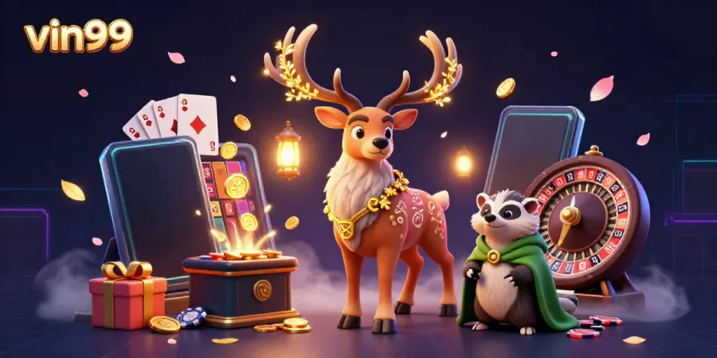 Spin and win with vin99 in a vibrant 3D casino illustration filled with immersive game elements.