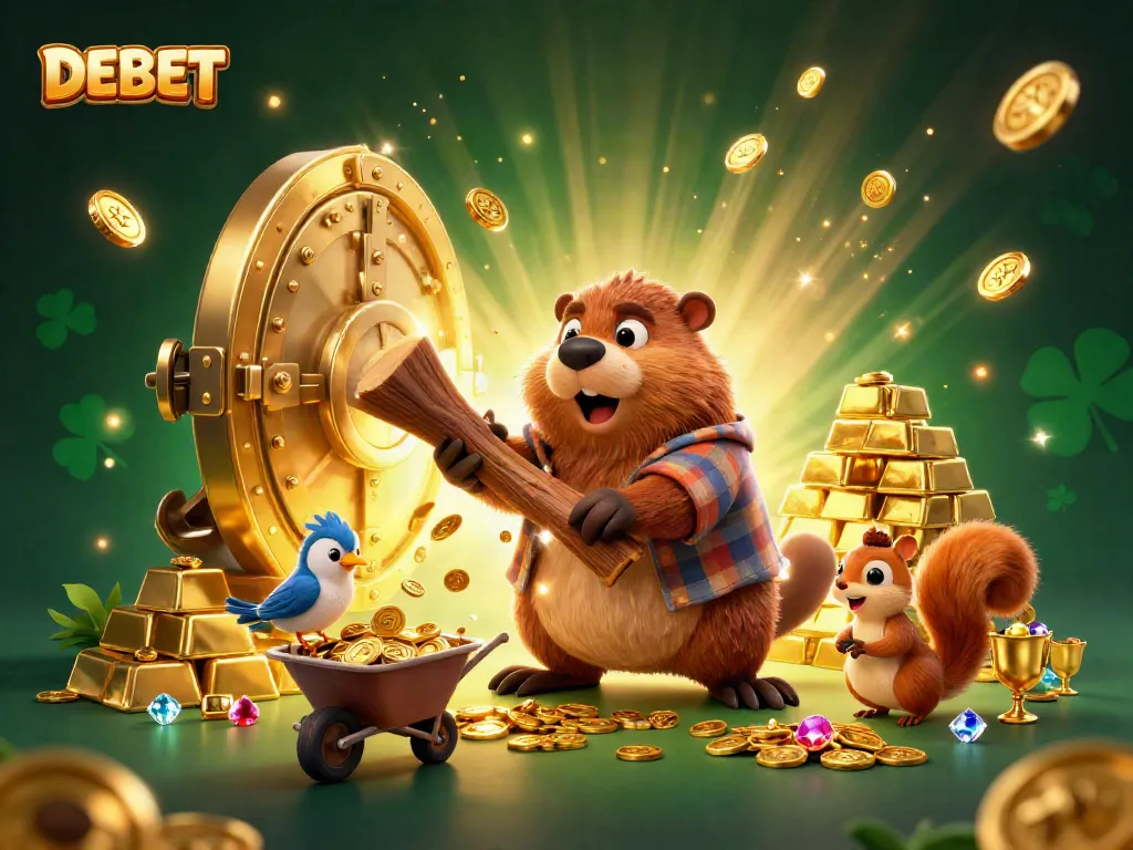 Join the adventure with DEBET as the lumberjack beaver earns gold coins in a whimsical casino world.
