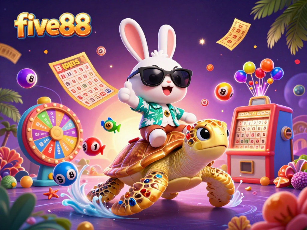 Experience fun and excitement with five88's cartoon lucky rabbit and golden sea turtle in this vibrant lottery scene.