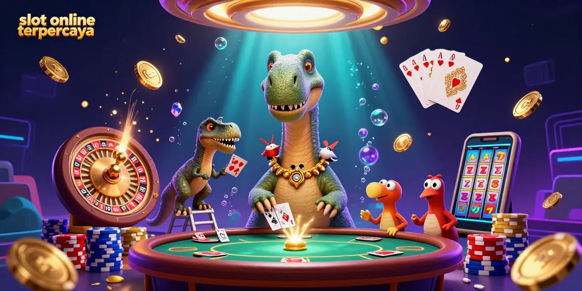 Engage with slot online terpercaya as golden coins and a playful brontosaurus dominate the casino scene.