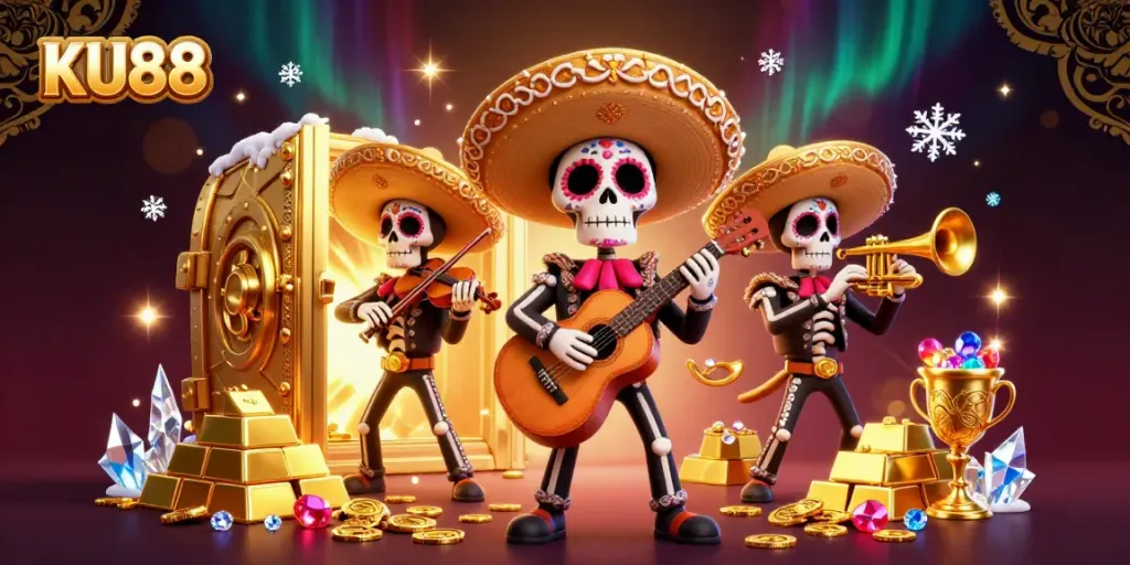 Engage in thrilling gameplay at KU88 with colorful mariachi characters in a vibrant casino scene.