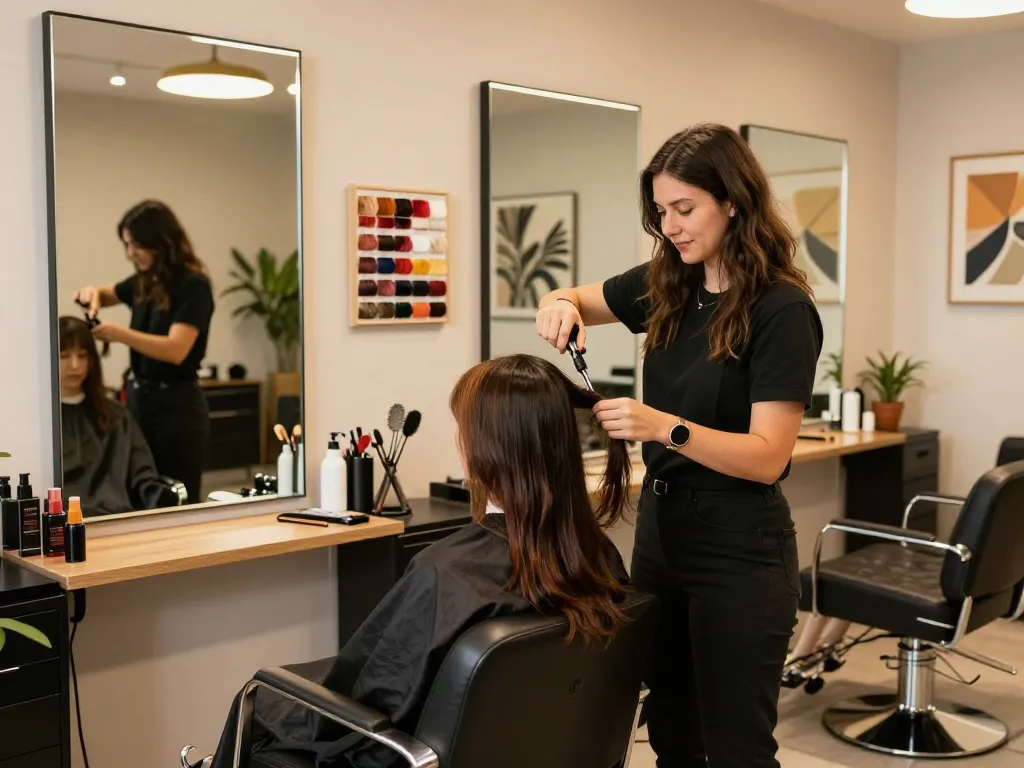 Interior estiloso de salão de cabelo com cabeleireiro e decoração vibrante, atmosfera convidativa.