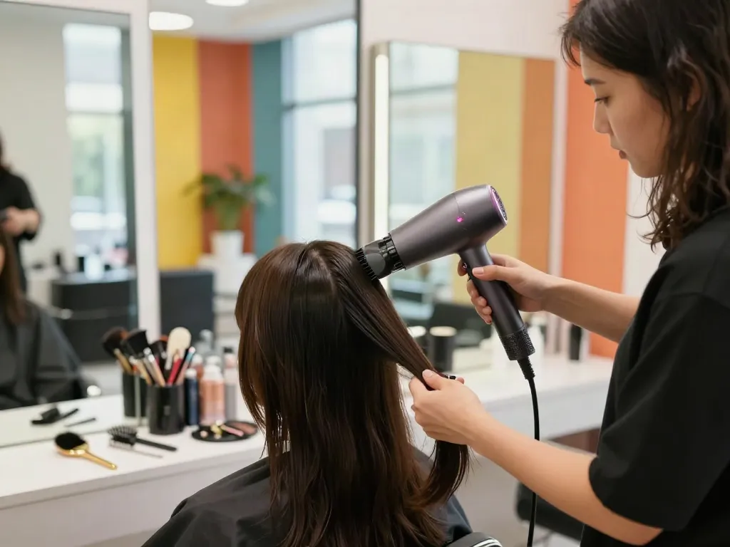 Professionelle Anwendung eines Ionen-Haartrockners im Salon für glänzendes Haar.