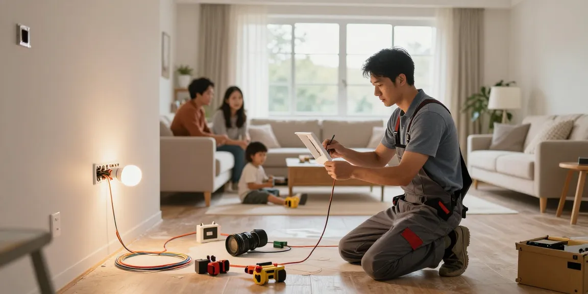 Elektriker in der Nähe installiert moderne Lichtinstallationen in einem gemütlichen Wohnzimmer.