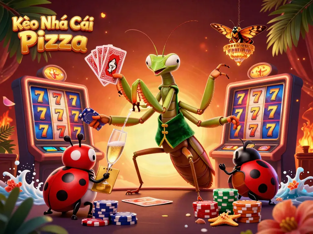 Kèo Nhà Cái Pizza illustrated scene of a giant mantis card sharp and ladybug pit boss in a vibrant casino.