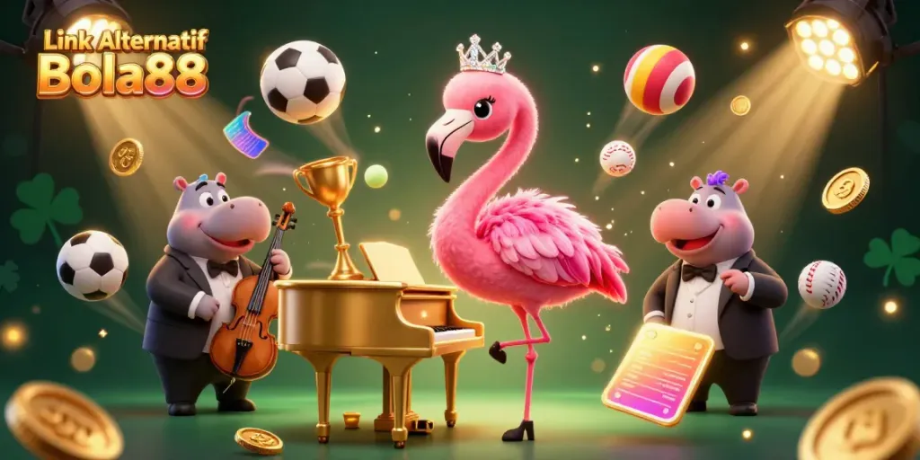Engage with the thrilling atmosphere of Link Alternatif Bola88, featuring vibrant casino elements and playful 3D illustrations.