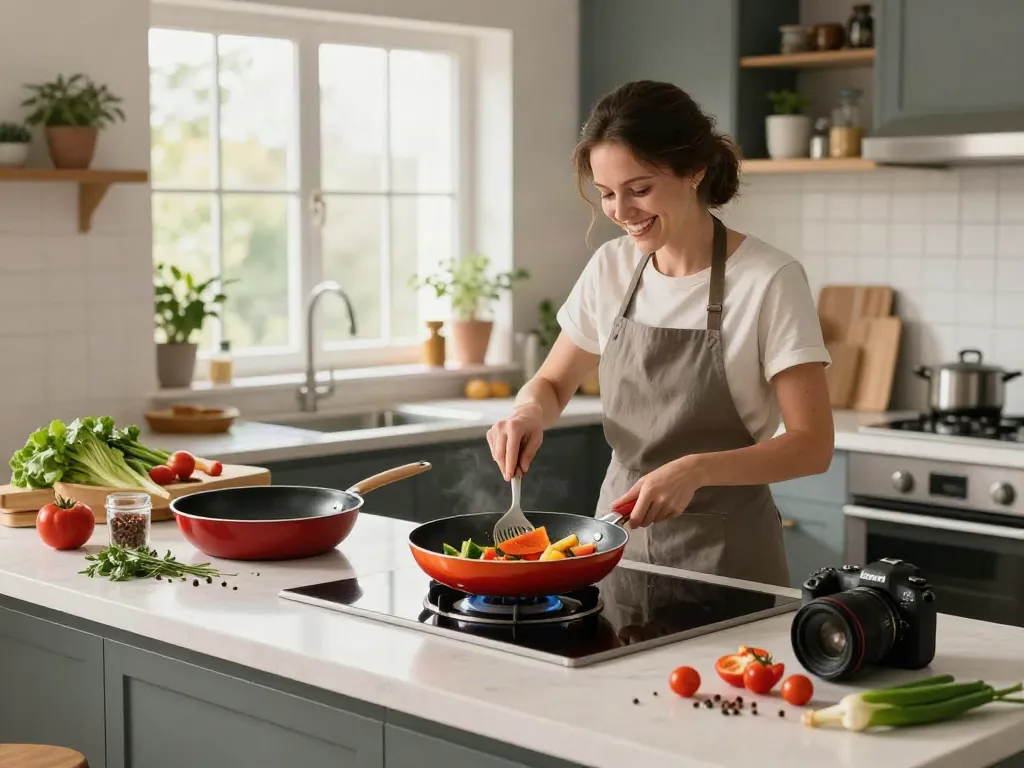 Captivating kitchen scene showcasing Non-Stick Cookware price in bangladesh with a home cook preparing vegetables, vibrant pots, and bright natural light.