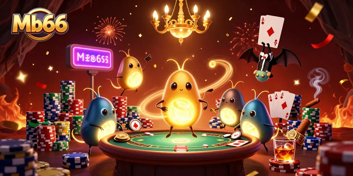 Experience Mb66's vibrant casino scene with glowing glowworms and a bat dealer in 3D art.