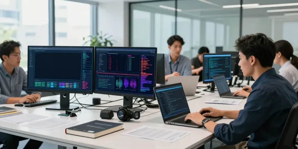 Cybersecurity news team collaborating on data analysis in a modern office.