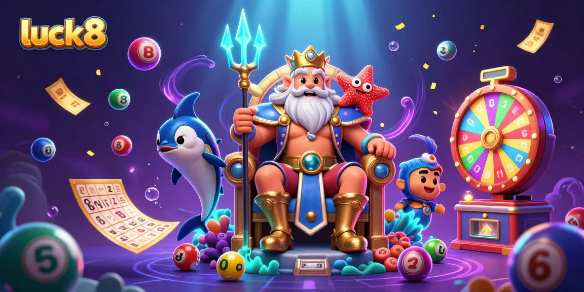 Win big with luck8 in this vibrant casino-themed digital illustration featuring Neptune and games.