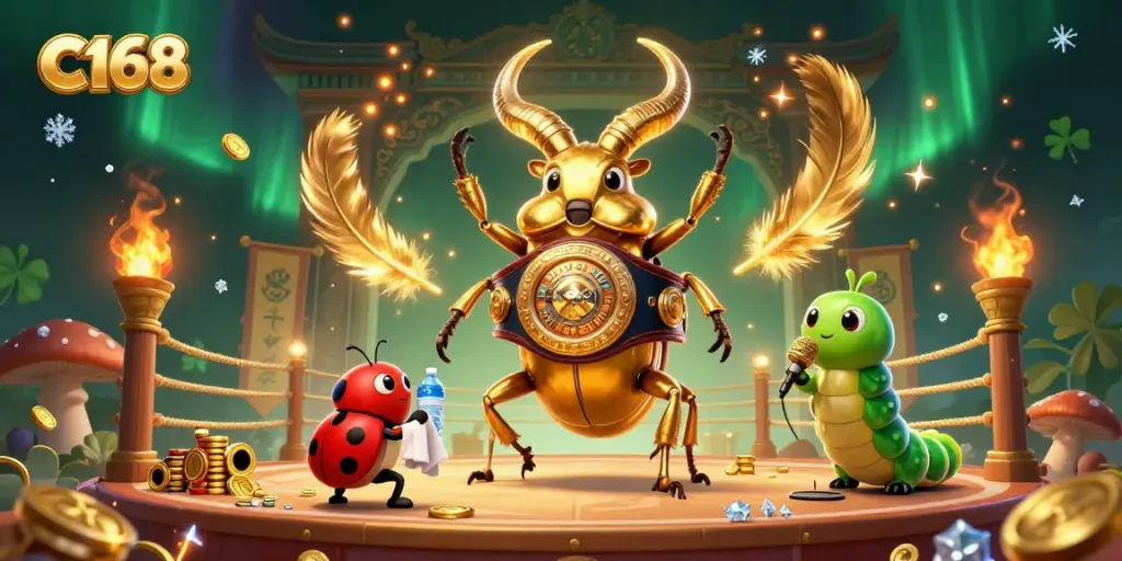 C168 showcases a dynamic 3D cartoon battle scene featuring a golden stag beetle and vibrant casino elements.