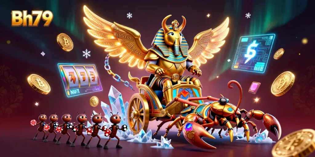 Engage with Bh79 casino gaming, featuring golden scarab, vibrant NFTs, and winning action.