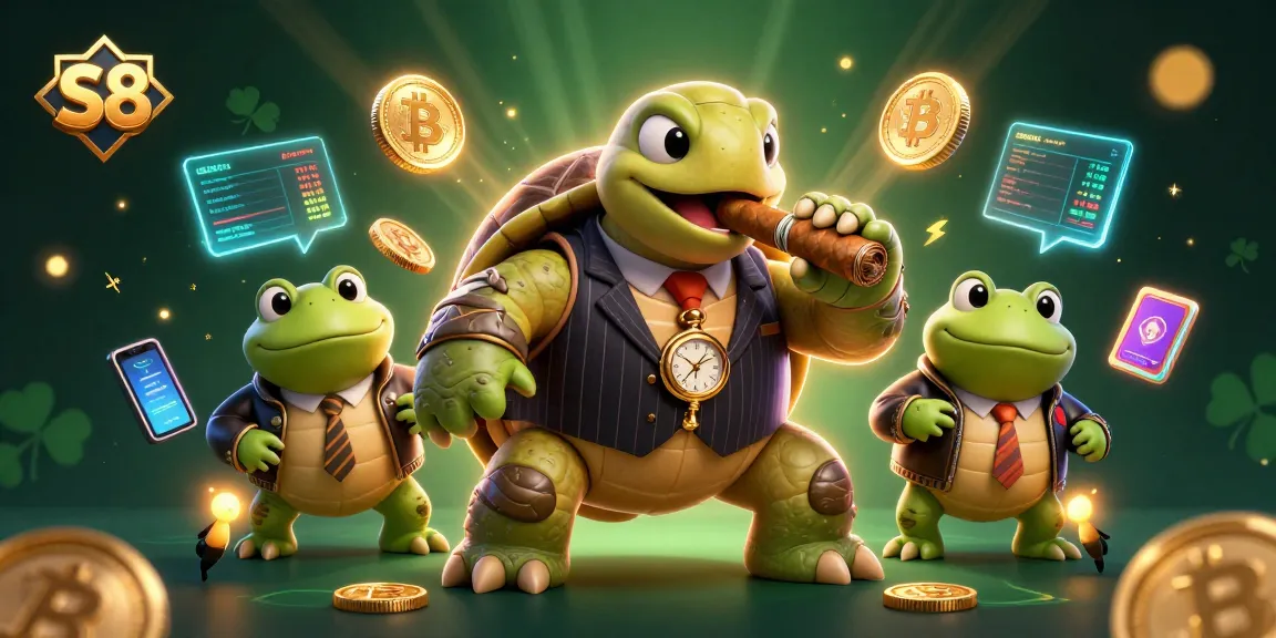 S8 players winning big with a snapping turtle mobster amidst vibrant casino elements.