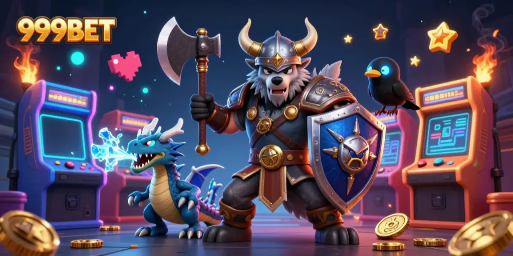 Engage with 999BET through a vibrant 3D scene featuring a Viking warrior, dragon, and arcade elements.