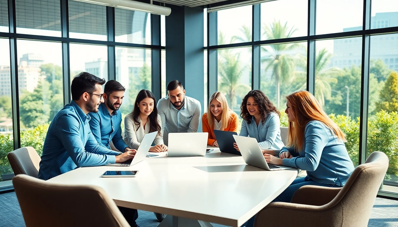 IT Dienstleister team brainstorming in a vibrant office environment.
