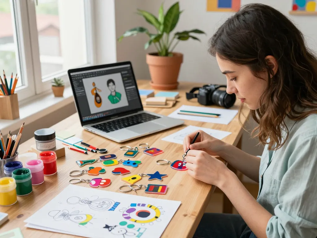 Custom acrylic keychains selbst gestalten in a vibrant workshop with a designer creating colorful designs and materials.