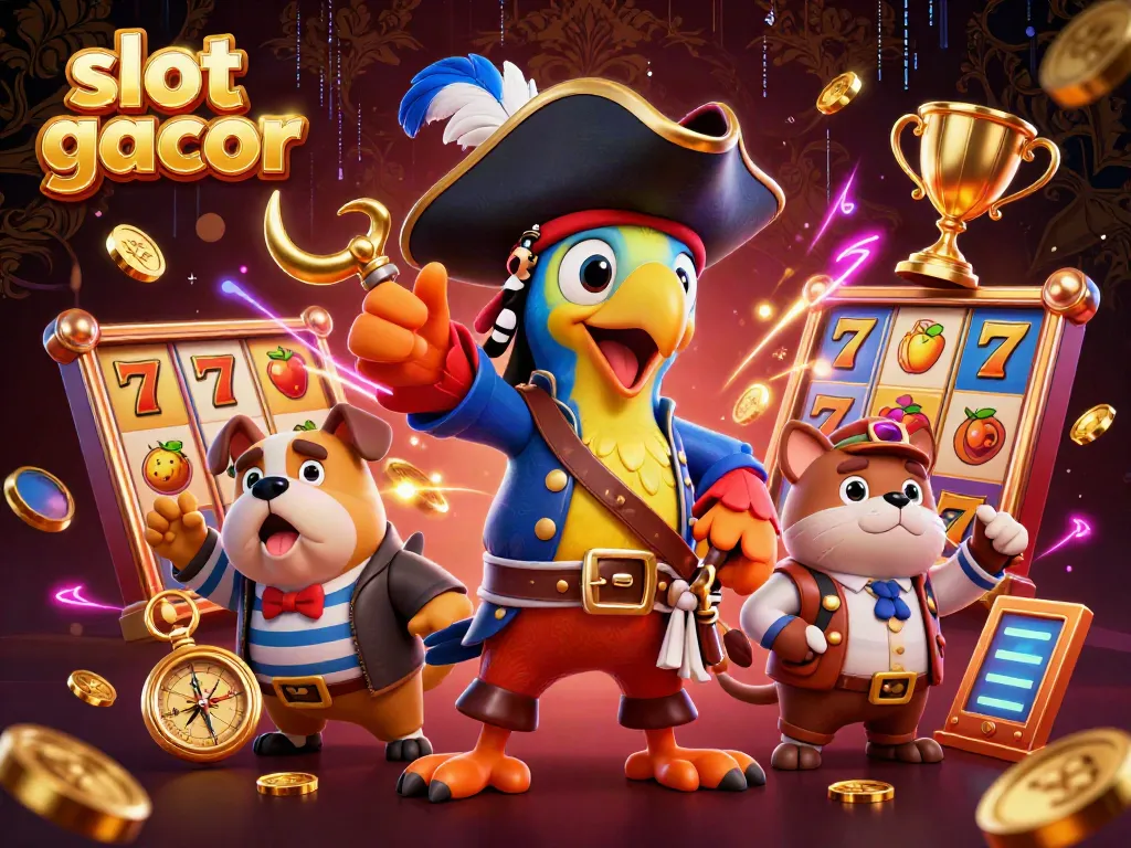Experience thrilling slot gacor with unique characters and dynamic casino elements in this vibrant 3D illustration.
