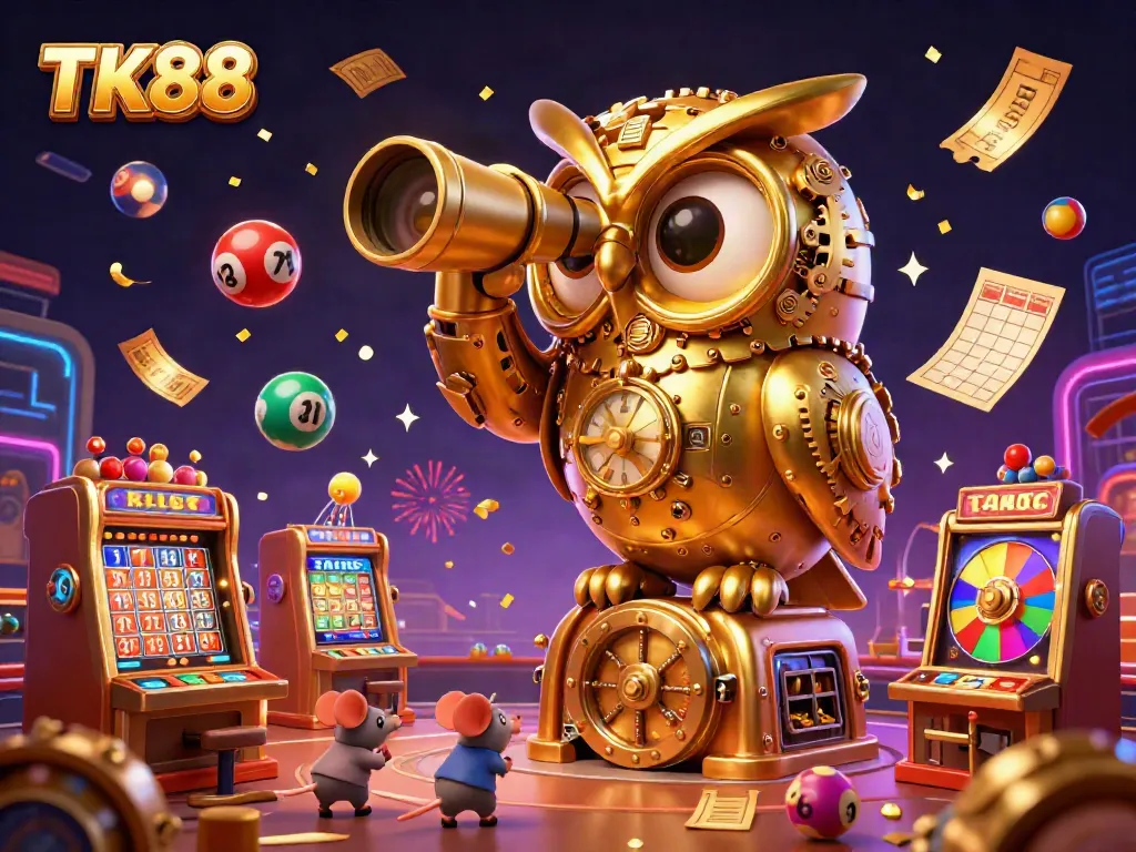 Experience dynamic gaming action at TK88 with an ultra-detailed scene featuring a magnificent clockwork owl on a bustling casino floor.