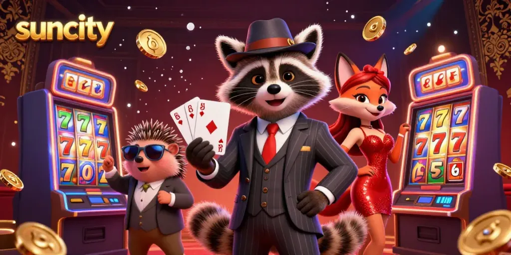 Experience thrilling wins at Suncity with a raccoon in a pinstripe suit showcasing a royal flush while aligning with vibrant slot machines.