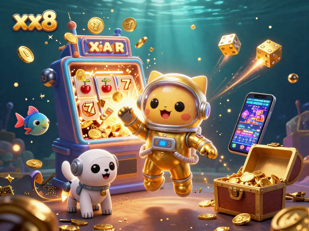 Spin the reels with xx8 in this dazzling scene of a cartoon cat astronaut and dynamic casino elements.
