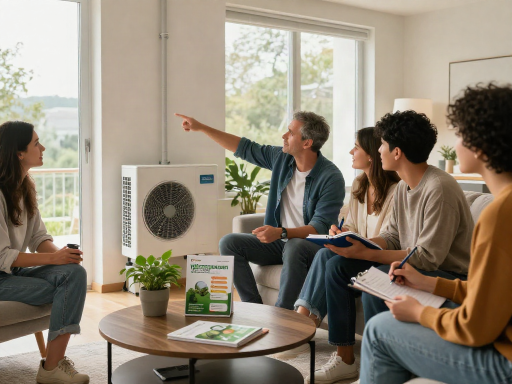 Wärmepumpen Vorteile erklärt im modernen Wohnraum mit Freunden.