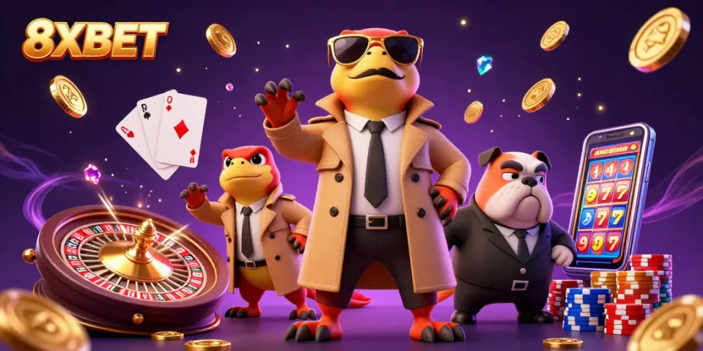 Experience fun and excitement at 8XBET with vibrant casino elements and engaging characters.