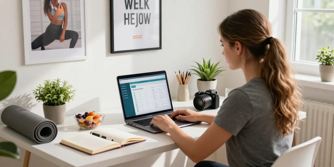 Person, die mit der MyQuests-Gesundheitsüberwachungsplattform in einem modernen Büro interagiert.