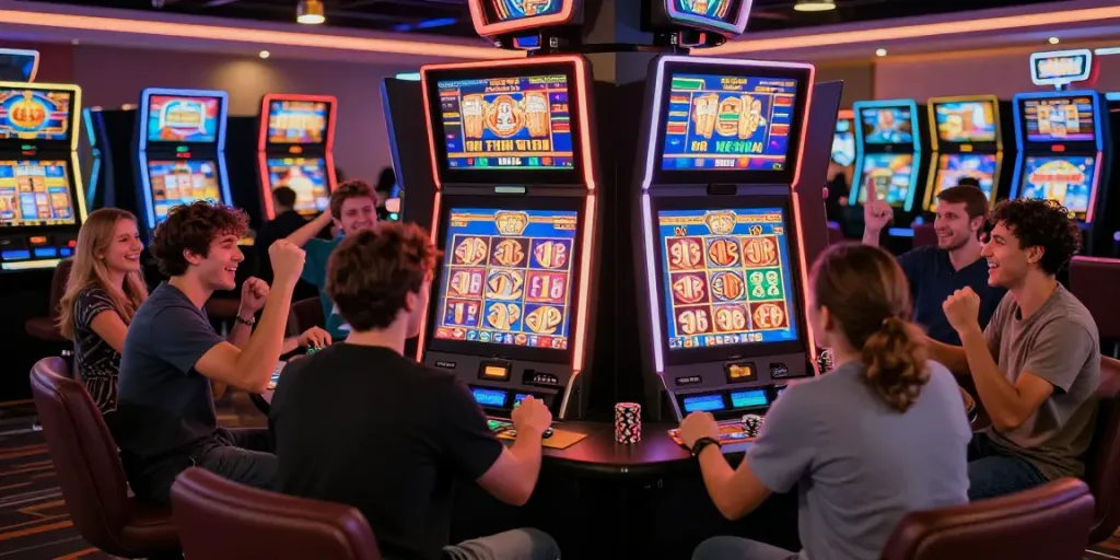 Players celebrating a big win at a slot machine in a vibrant casino.