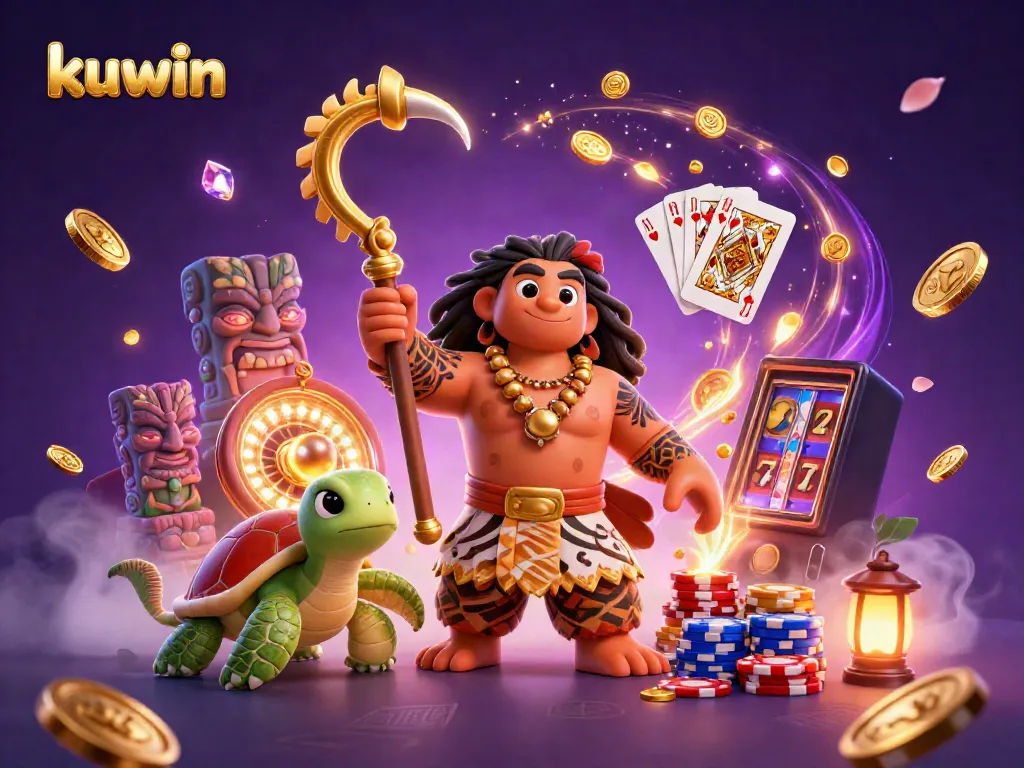Kuwin champions dynamic gameplay with a 3D hawk and turtle surrounded by coins and poker elements.